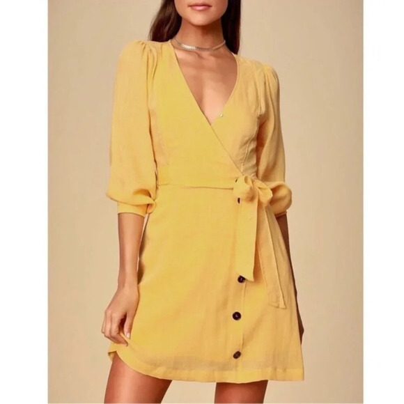 Lulus Dresses & Skirts - Lulus Boho Aja Golden Yellow Three-Quarter Balloon Sleeve Preppy Dress Size M
